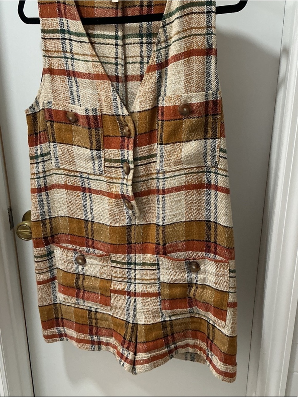 Plaid Button-Front jumpsuit Cream, Mustard & Rust